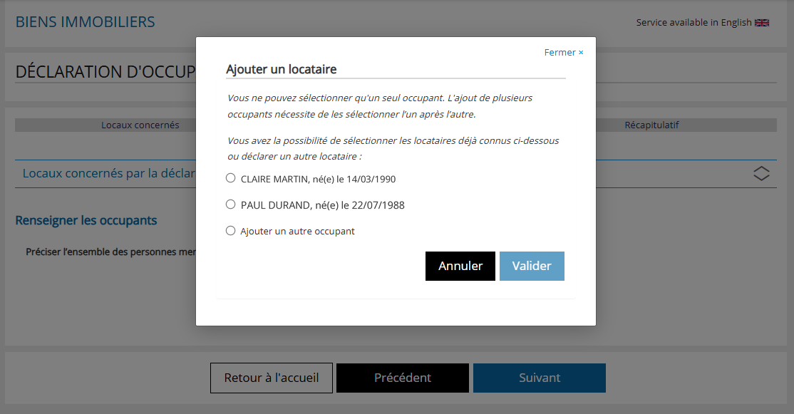 Fenêtre « Ajouter un locataire » proposant les locataires déjà connus ou « Ajouter un autre occupant »
